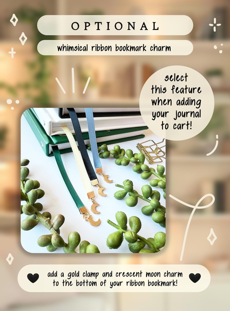 May include: Image of ribbon bookmarks with gold crescent moon charms. The bookmarks are in various colours, including green, black, and blue. The text on the image says "Optional whimsical ribbon bookmark charm".