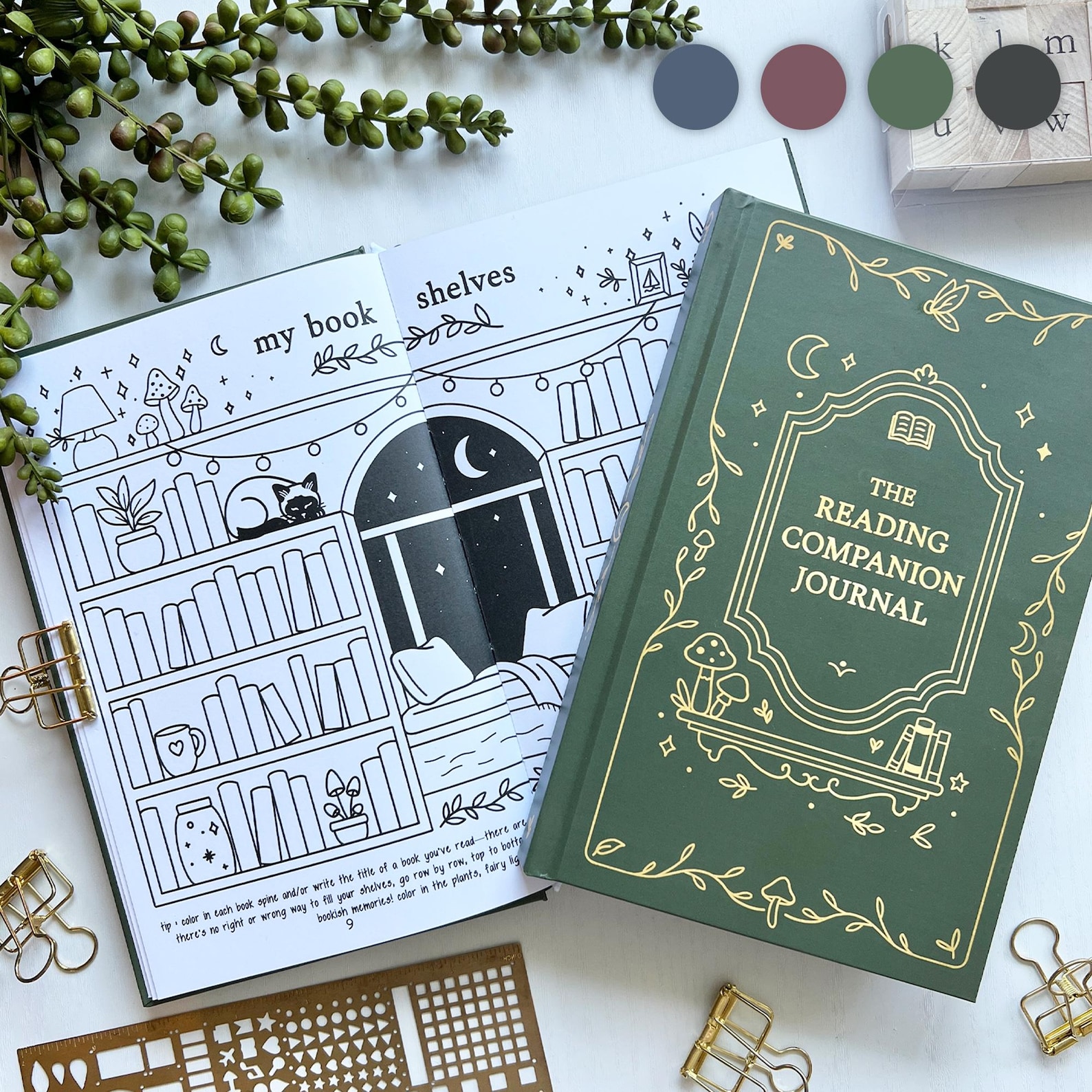 "Reading Companion Journal" with an ornate cover beside an open book page illustrated with whimsical black and white bookshelves