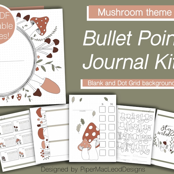 Bullet point Journal Set with a fall mushroom forest theme, printable premade planner inserts for beginners