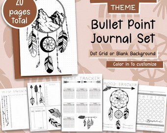 Bullet point Journal Set, Boho theme with dream catchers feathers arrows, fully colorable & printable pdf planner pack for beginners