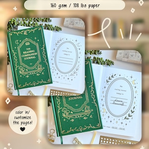 May include: Green "The Reading Companion Journal" with gold detailing, open to reveal lined pages. Text reads "Thick Pages, 160 gsm paper." The journal is designed for use with water-based pens and markers.