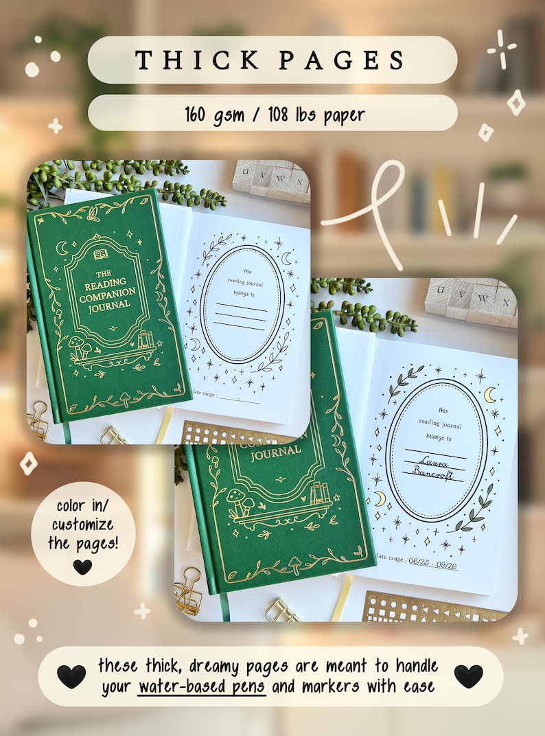 May include: Green "The Reading Companion Journal" with gold detailing, open to reveal lined pages. Text reads "Thick Pages, 160 gsm paper." The journal is designed for use with water-based pens and markers.