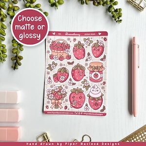 Foglio di adesivi kawaii di fragole, adesivi per diari e pianificatori, tema artistico Cottagecore, illustrazioni di bacche, adesivi di frutta carini, lucidi o opachi