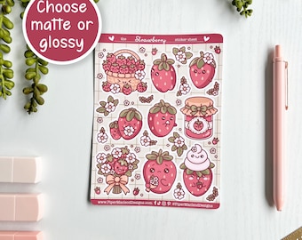 Kawaii Strawberry Sticker Sheet: Cottagecore Journal Planner Decals