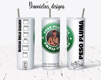 May include: A white stainless steel tumbler with a green and black logo that says "Peso Pluma" and a photo of a person. The tumbler has a black straw and a black lid. The text "Hassan Emilio Kabande" is printed on the side of the tumbler.
