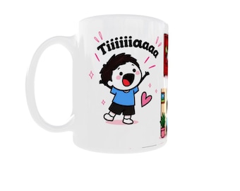May include: A white ceramic mug featuring a cartoon illustration of a person with dark hair wearing a blue shirt and black shorts. The person has an excited expression with the text Tiiiiiiiaaaa above them, accompanied by a pink heart and sparkles.