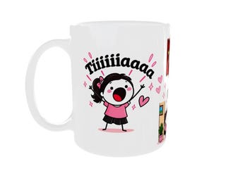 May include: A white ceramic mug featuring a cartoon illustration of a person with dark hair in a ponytail, wearing a pink shirt and black skirt, with arms raised and the text Tiiiiiaaaa above, surrounded by pink hearts and small star shapes.