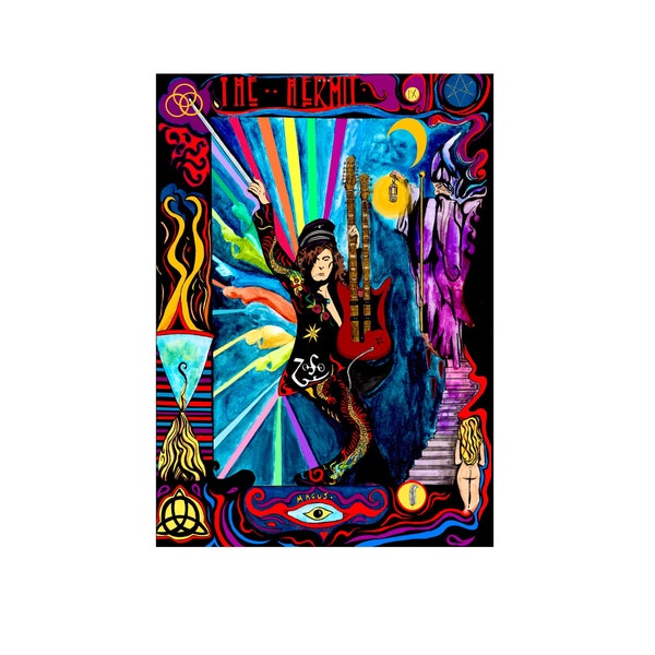 Jimmy Page Led Zeppelin Poster, Tarot Card Design, The Hermit, Psychedelic rock 70s style Wall art by Hierophant Prints