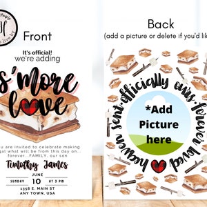 May include: A printable invitation for a baby shower with a s'more theme. The invitation features a watercolor illustration of a s'more with the text "S'more Love" and a red and black plaid heart. The invitation also includes the text "It's official! We're adding..." and the names "Timothy James".