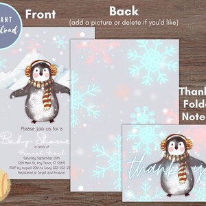 Bundle: Penguin Winter Baby Shower Invitation Invitation and Thank You Card- Editable Template Set