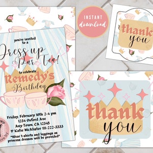 Bundle: Princess Crowns and Tea Dress Up Par-Tea Birthday Editable Canva Invitation, Thank You Card, and Tag Template | Multiple Sizes