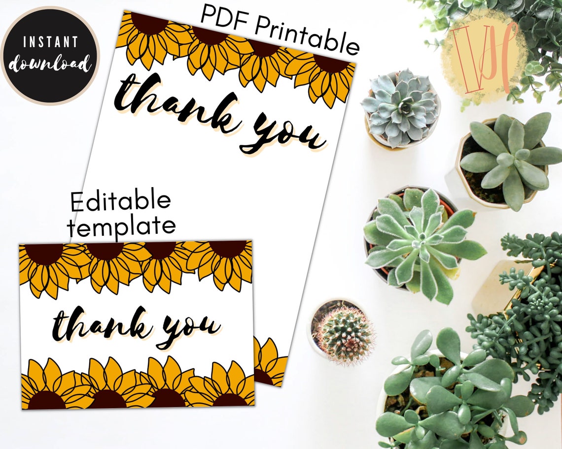 Sunflower Thank You Card Printable PDF and Folded Card - Etsy