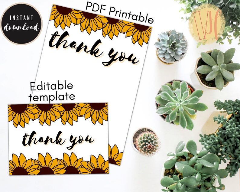 Sunflower Thank You Card Printable PDF and Folded Card - Etsy