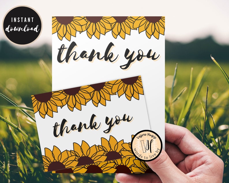 Sunflower Thank You Card Printable PDF and Folded Card Editable ...