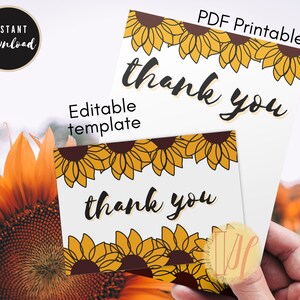 Sunflower Thank You Card Printable PDF and Folded Card - Etsy