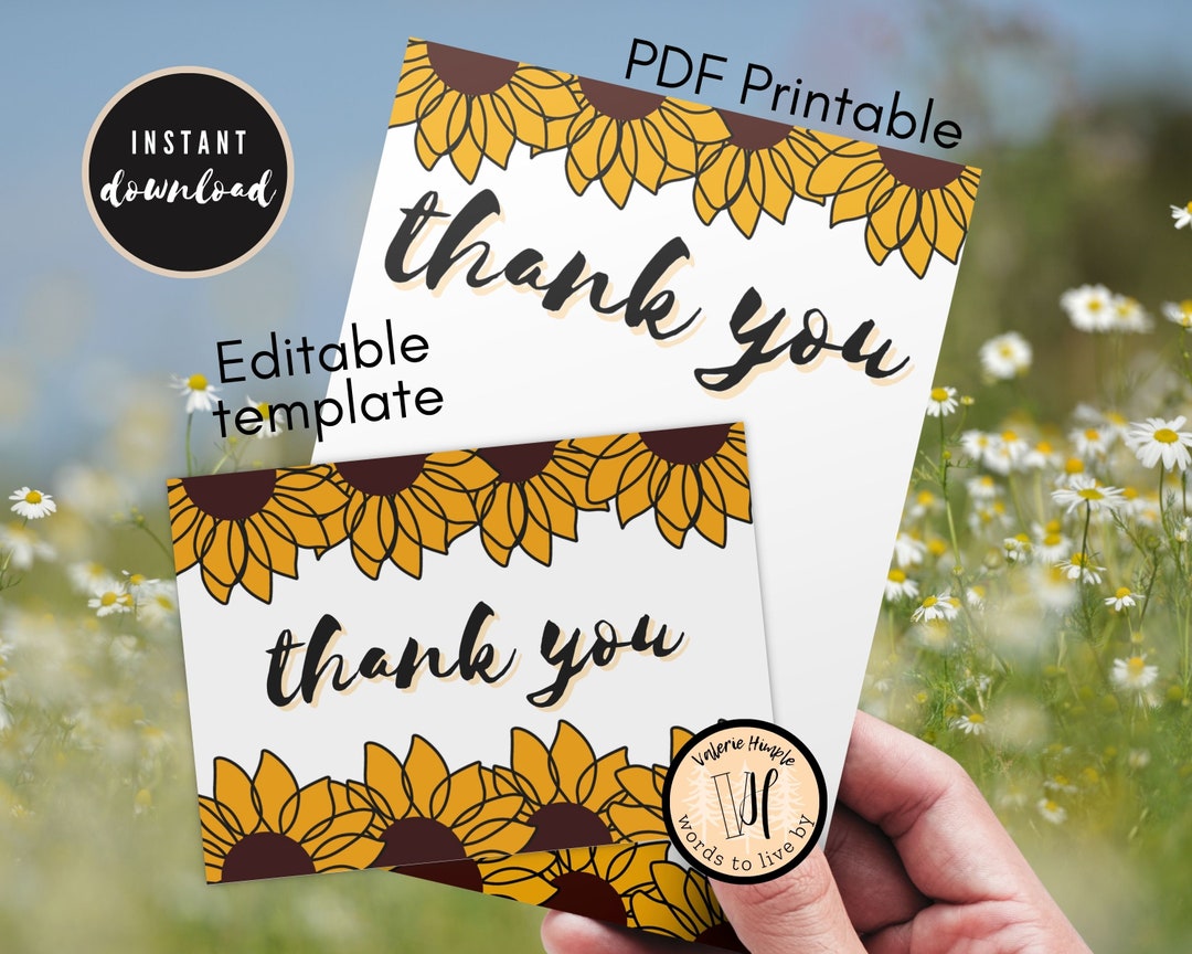 Sunflower Thank You Card Printable PDF and Folded Card Editable ...