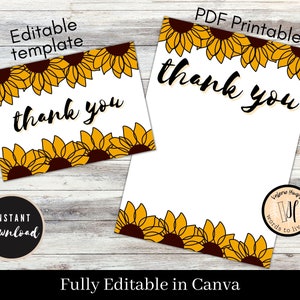 Sunflower Thank You Card Printable PDF and Folded Card Editable ...