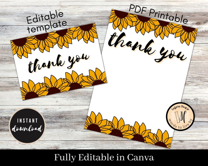 Sunflower Thank You Card Printable PDF and Folded Card Editable ...