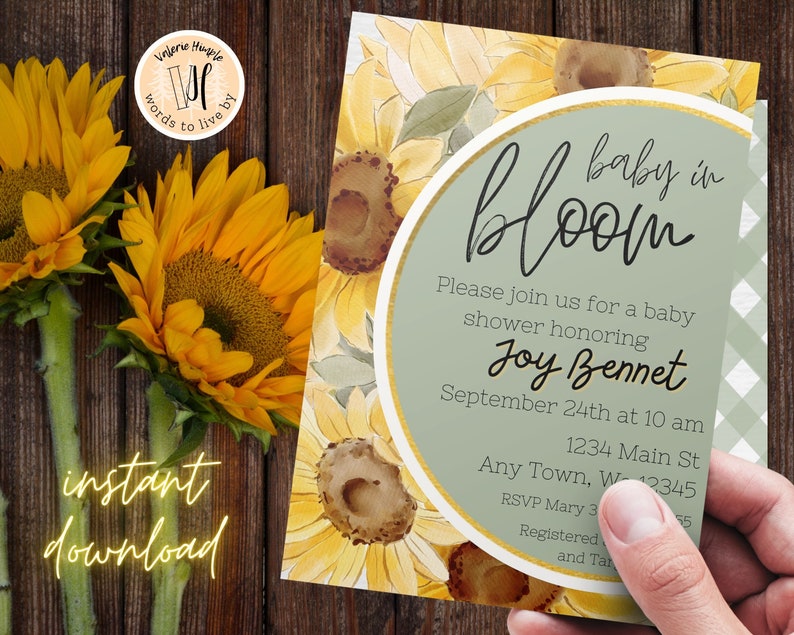 Baby in Bloom Watercolor Sunflower Baby Shower Invitation Invitation Editable Template