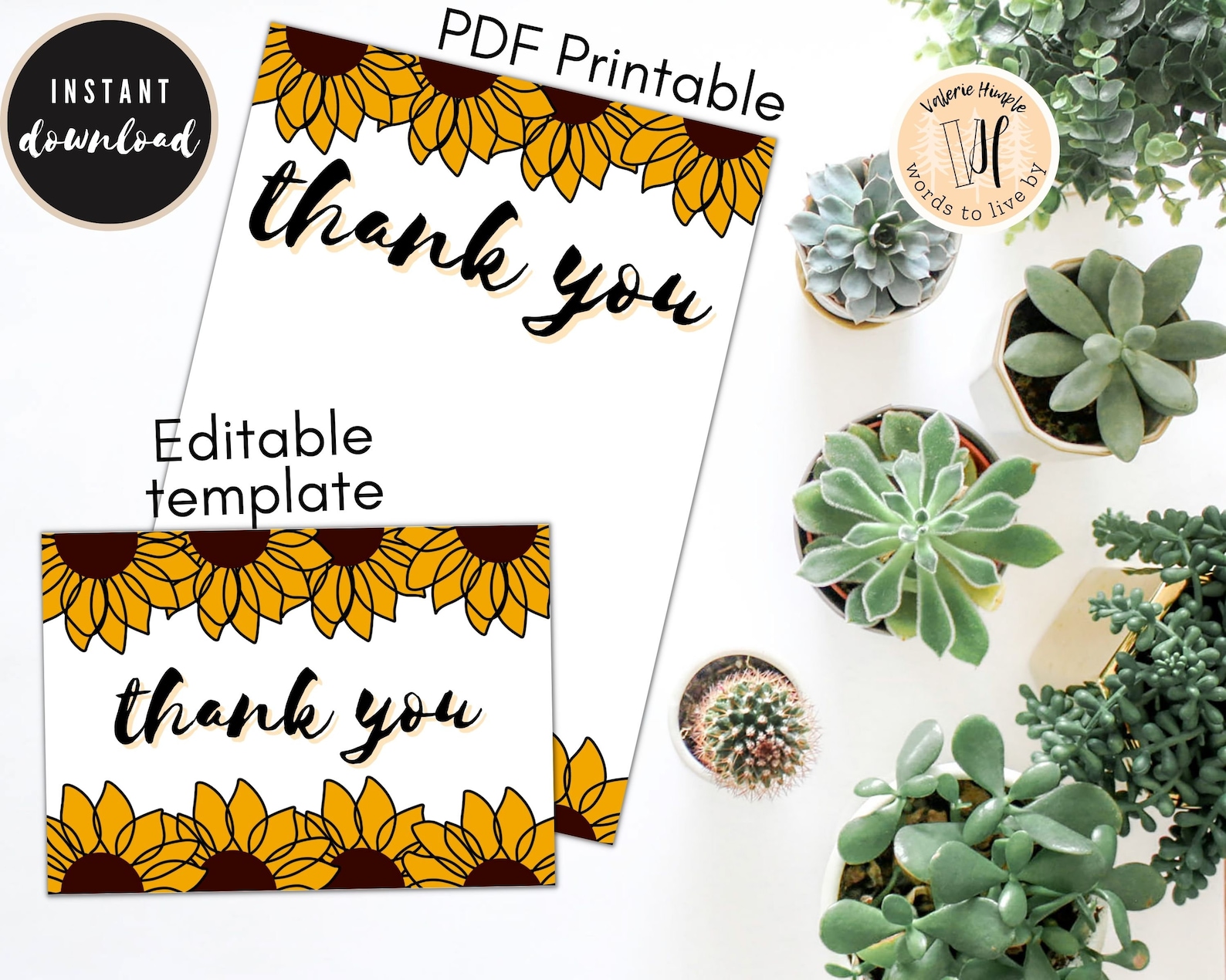 Sunflower Thank You Card Printable PDF and Folded Card Editable ...