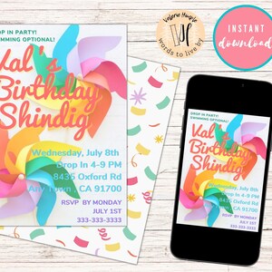 Colorful Pinwheel Birthday Drop in Pool Party Theme Invitation Canva Editable Template | Multiple Sizes