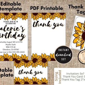 Bundle: Sunflower  Birthday Theme Editable Canva Invitation, Thank You Card, and Tag Template | Multiple Sizes