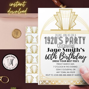 Roaring 20&#39;s Art Deco Great Gatsby 60th Birthday Invitation Multiple Sizes Canva Template