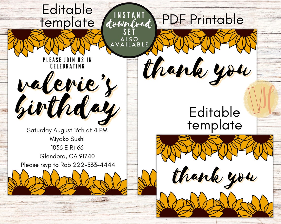 Sunflower Thank You Card Printable PDF and Folded Card - Etsy