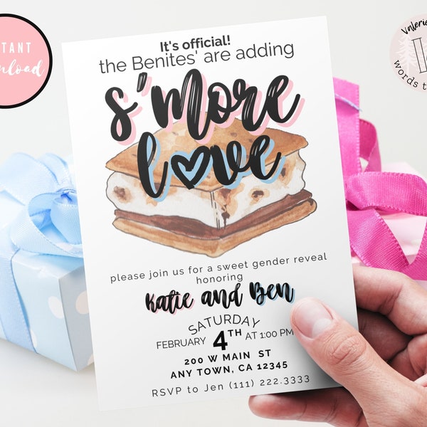 We're Adding S'more Love Gender Reveal Baby Shower Invitation Canva Editable Template - Multiple Sizes