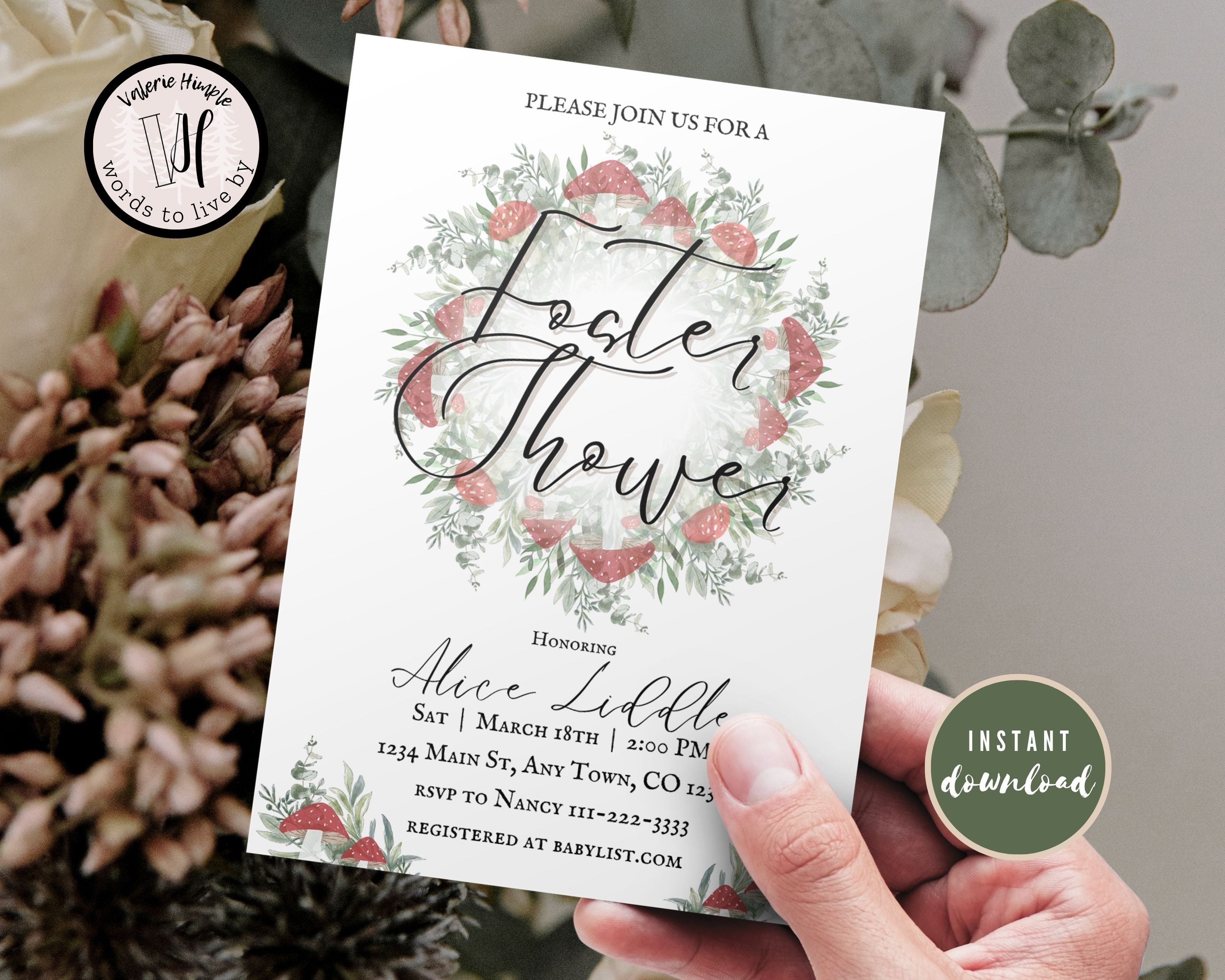 Red Mushroom and Greenery Wreath Foster Shower Invitation Canva