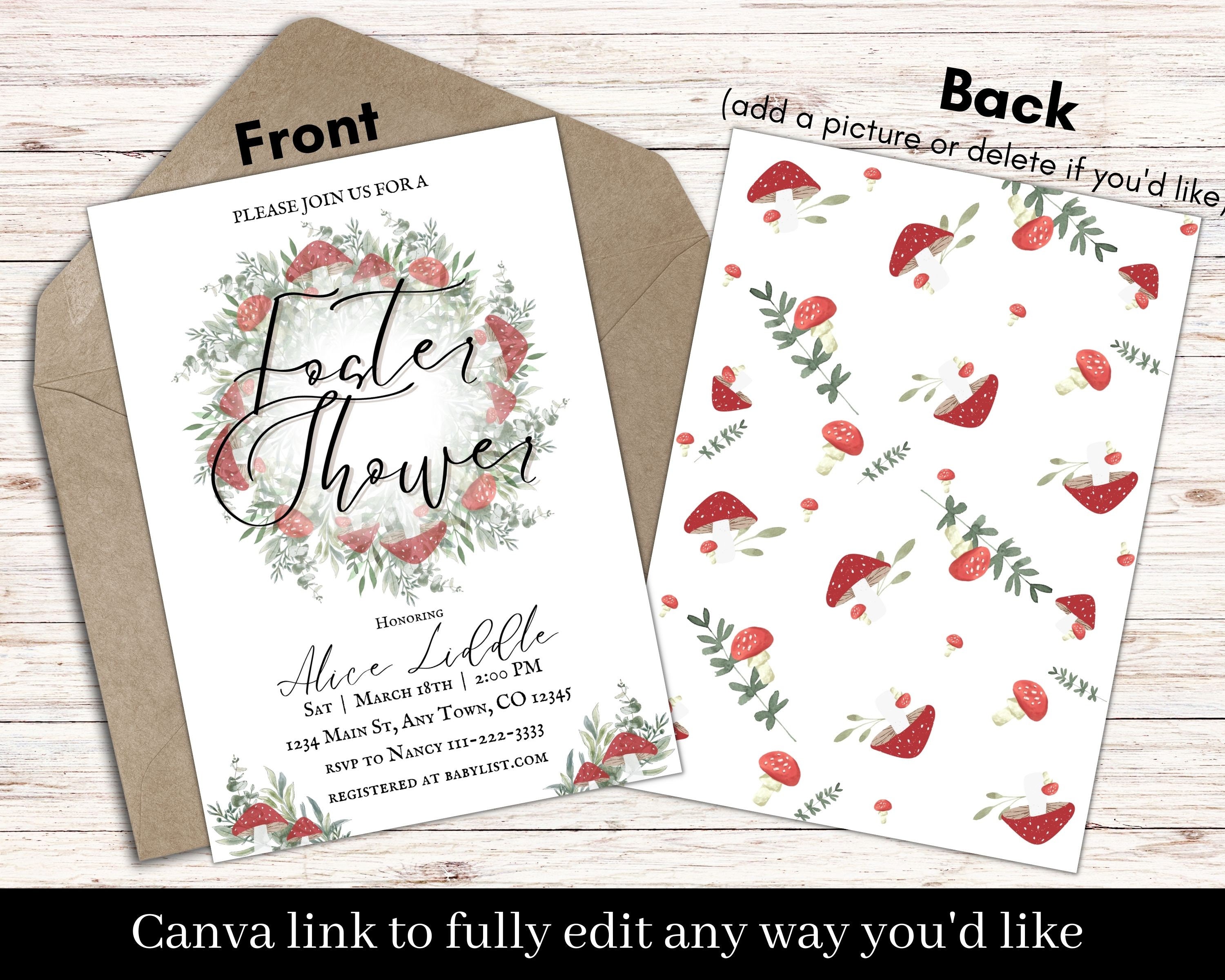 Red Mushroom and Greenery Wreath Foster Shower Invitation Canva