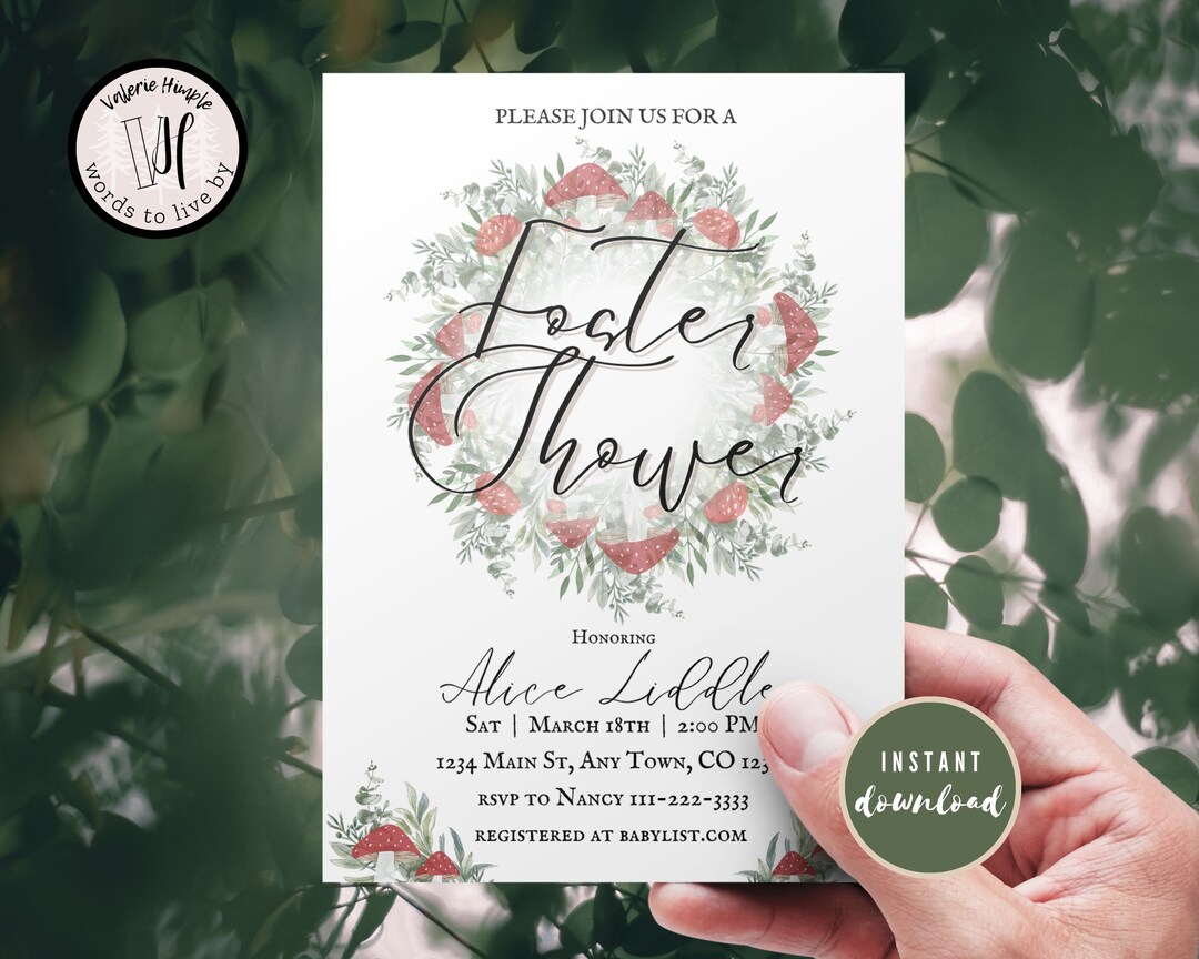 Red Mushroom and Greenery Wreath Foster Shower Invitation Canva