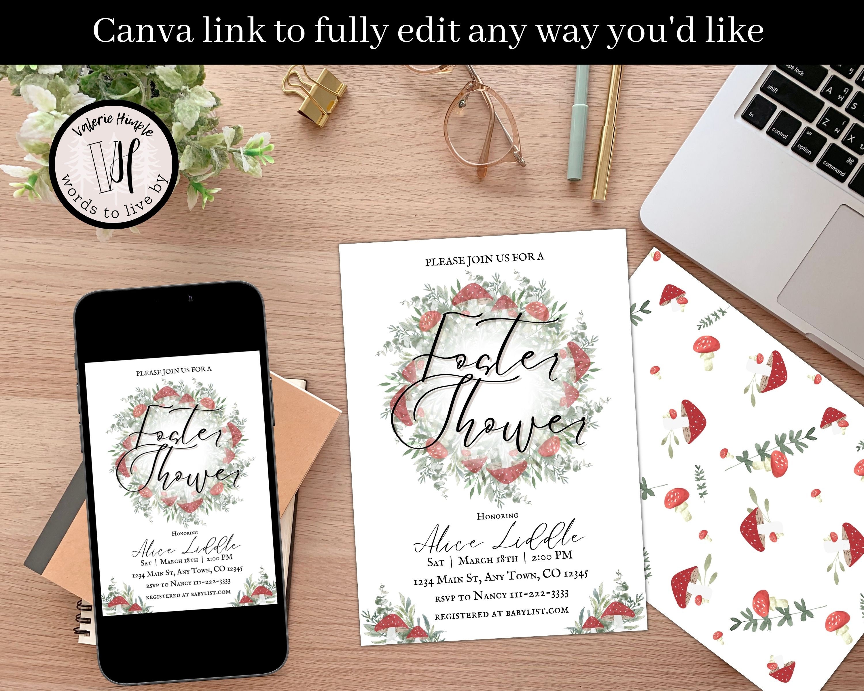 Red Mushroom and Greenery Wreath Foster Shower Invitation Canva
