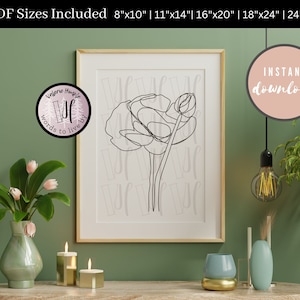 Ranunculus and Bud Flower Minimalist Decor Line Wall  Art - Digital Printable | Multiple Sizes