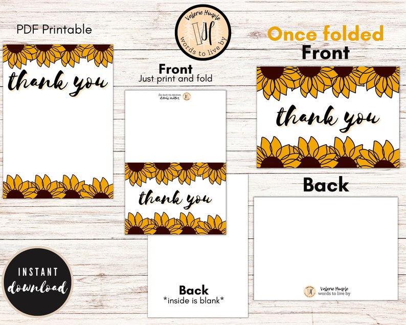 Sunflower Thank You Card Printable PDF and Folded Card - Etsy