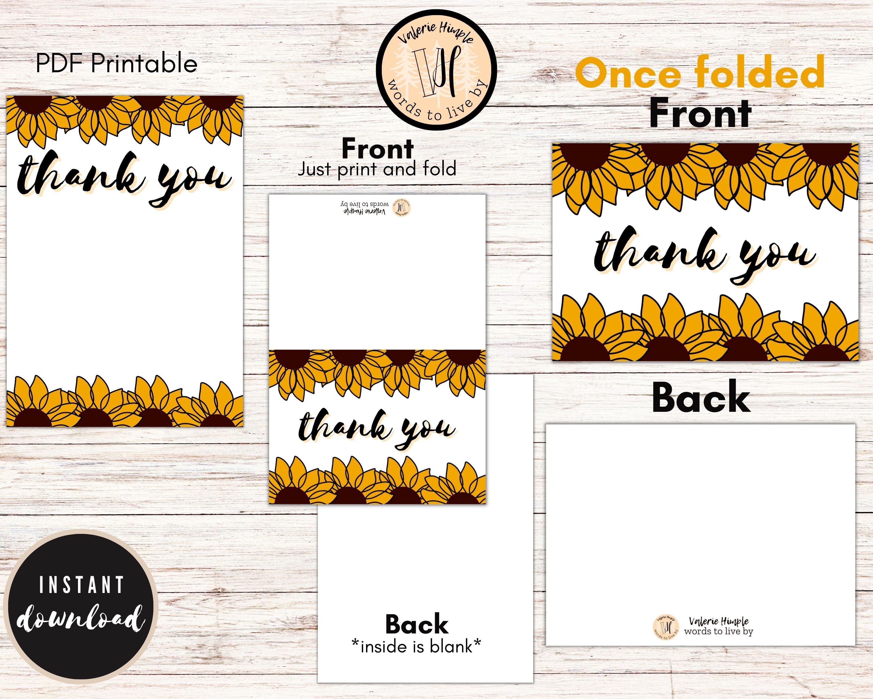 Sunflower Thank You Card Printable PDF and Folded Card Editable ...