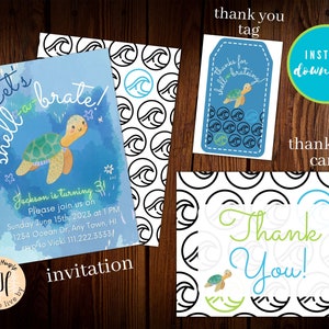 May include: A blue and green invitation with a cartoon sea turtle and the text "Let's shell-a-brate!"  Jackson is turning 3! Please join us on Sunday June 15th, 2023 at 1 PM. 1234 Ocean Dr, Any Town, HI. rsvp to Vicki 111.222.3333/.  A thank you card with a black and white wave pattern and a green and blue sea turtle with the text "Thank You!"