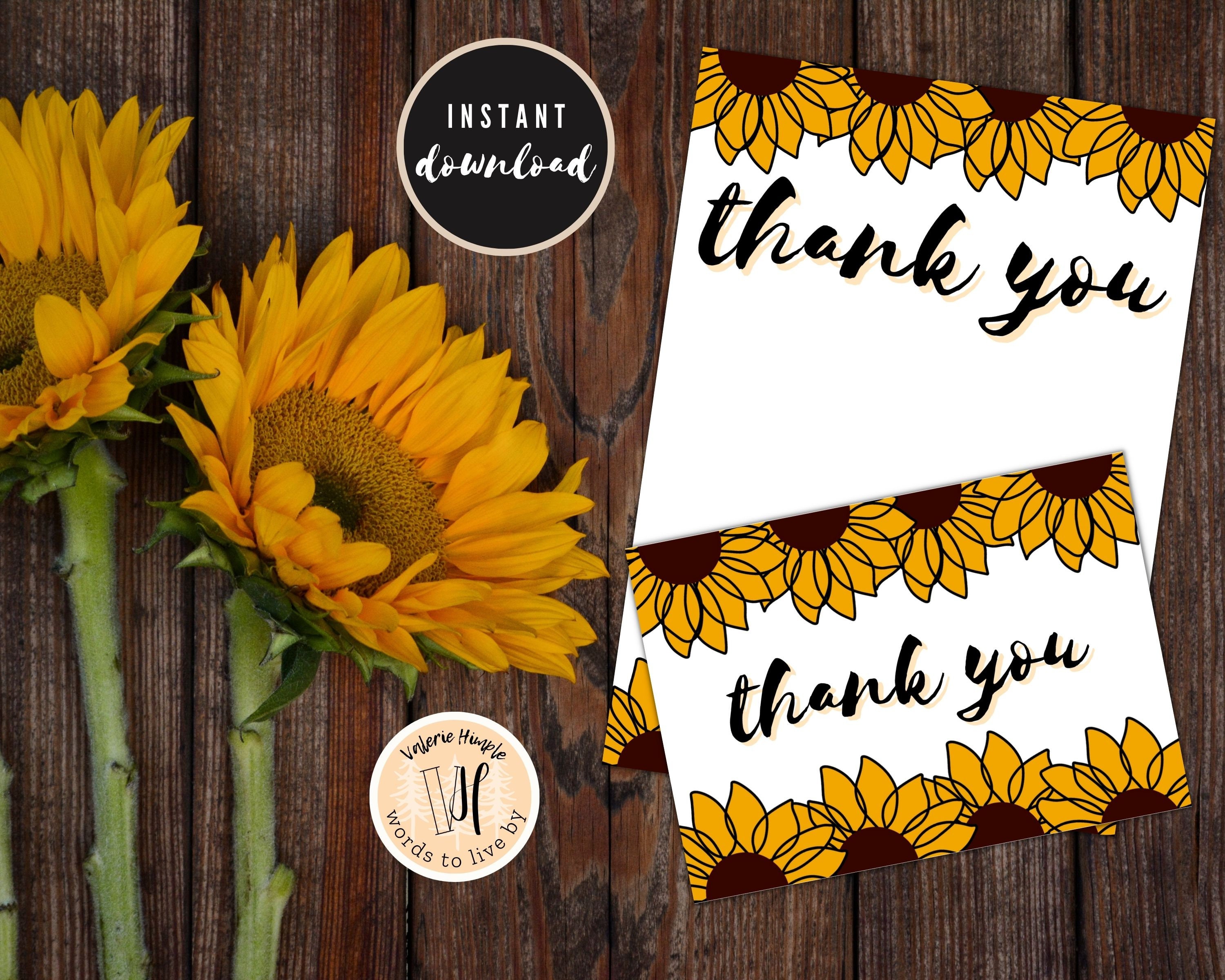 Sunflower Thank You Card Printable PDF and Folded Card Editable ...