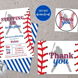 Offre groupée : un jeu d'enfant au baseball pour l'adoption des beaux-parents, modèle d'invitation, carte de remerciement et modèle d'étiquette modifiables | Plusieurs tailles