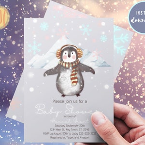 Faire-part de fête prénatale hiver pingouin - Modèle modifiable Canva