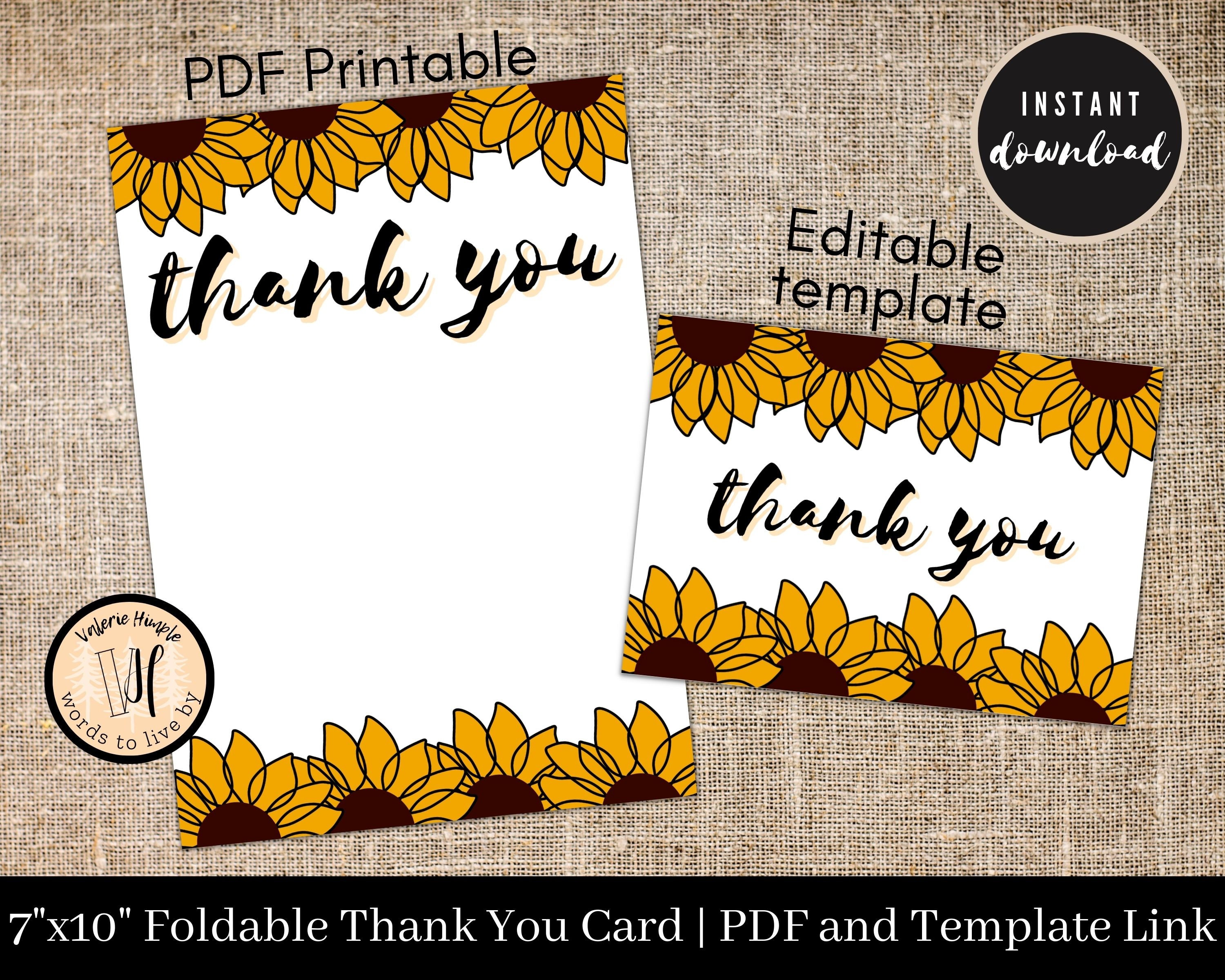 Sunflower Thank You Card Printable PDF and Folded Card Editable ...