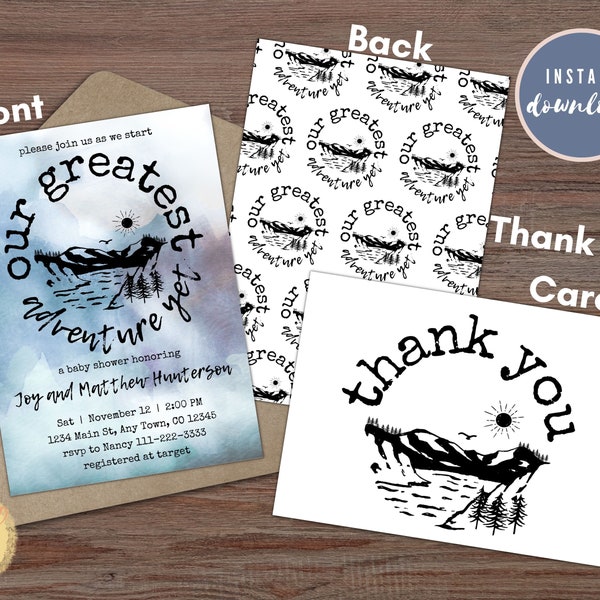 Bundle: Our Greatest Adventure Yet | Coed Baby Shower Invitation and Thank You Card Set | Editable Template