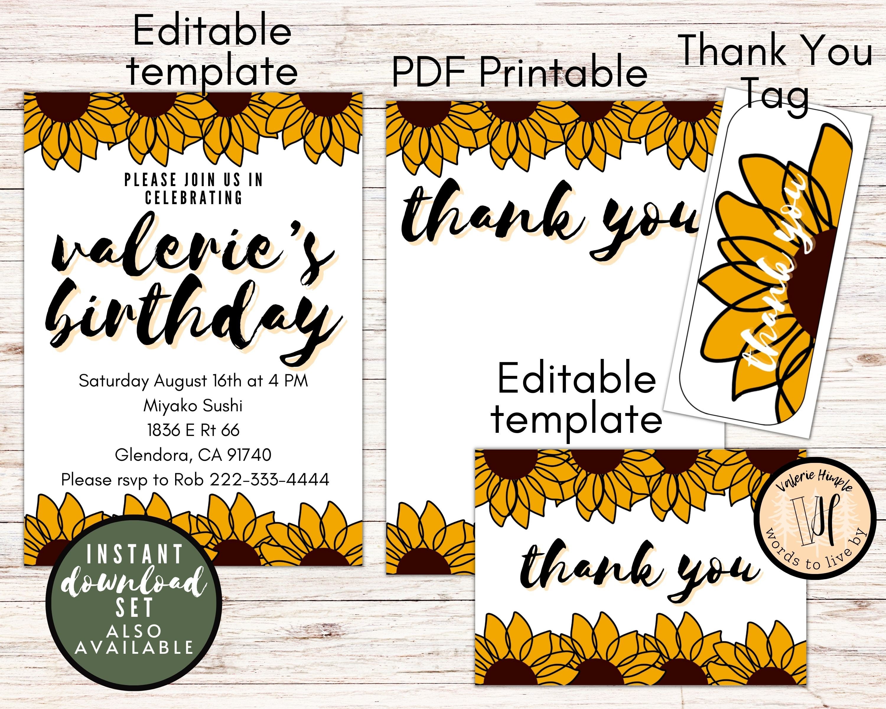 Sunflower Thank You Card Printable PDF and Folded Card Editable ...