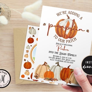 May include: A white card with a watercolor pumpkin illustration and the text "We're adding a pumpkin to our patch. Join us in welcoming Parker into the Logan family! October 21, 2022 at 5 PM 1234 Any Street, City, State, 12345 RSVP to Georgia 222-222-2222". The card has a brown envelope with a pumpkin pattern.