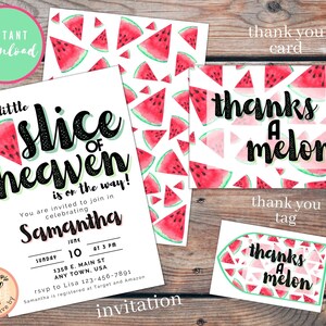 Bundle: A Little Slice Of Heaven Watermelon  | Baby Shower | Multiple Sizes Editable Canva Invitation, Thank You Card, and Tag Template