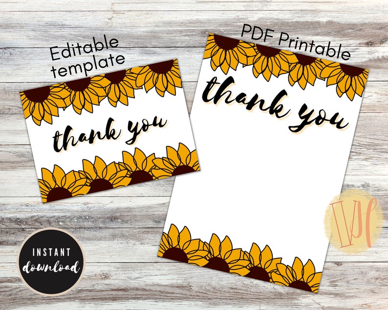 Sunflower Thank You Card Printable PDF and Folded Card - Etsy