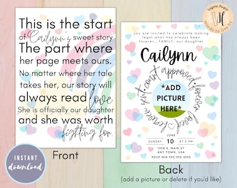 Rainbow Hearts Adoption Invitation Canva Editable Template - Multiple Sizes