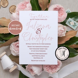 May include: A wedding invitation with pink flowers and greenery. The invitation reads "Together with their families, Juliana & Christopher. Joyfully invite you to their wedding. Friday the twentieth of August, two thousand twenty one, at 3 in the afternoon. Foothill Vineyard Church, 100 E Foothill Blvd, San Dimas, CA. Reception to follow."