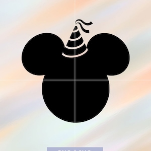 May include: Black silhouette of Mickey Mouse wearing a party hat with red and white stripes.
