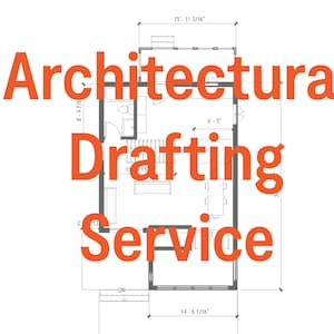 Puede incluir: Plano de planta de una casa con el texto 'Architectural Drafting Service' en naranja. El plano incluye dimensiones en pies y pulgadas, con una distribución de dos pisos y detalles de las habitaciones.